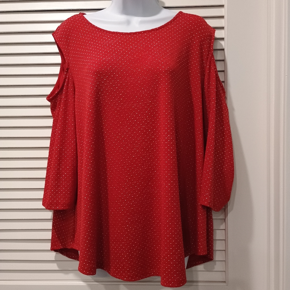 Ruby Red Favorites Silver Stud Women's Cold Shoulder Sleeve Top Size PXL - Picture 3 of 7